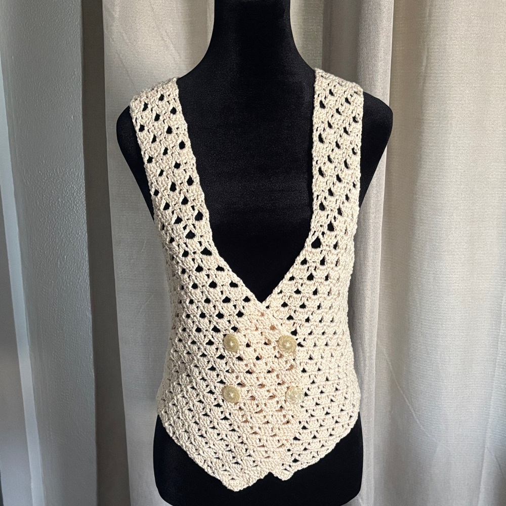 Crochet Cream Vest with Button Detail